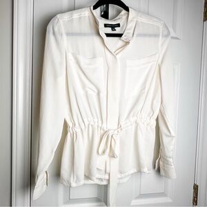 Banana Republic Cream Tie-Front Utility Blouse | Mandarin Collar, Belted Waist